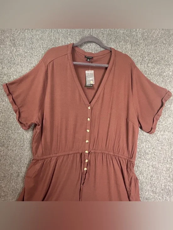 Torrid Romper Womens 3X Brown Rayon Slub Button Front V-Neck Tie Waist Pockets - Picture 2 of 16